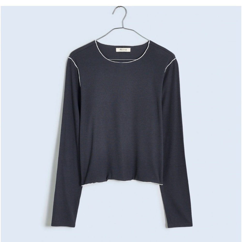 New Madewell Contrast Stitched Crewneck Crop Lightweight Tee Shirt Black Coal M - Picture 5 of 11